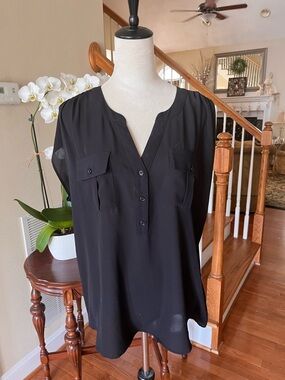 INC International Concepts Black V-Neck Button-Front Blouse with Chest Pockets